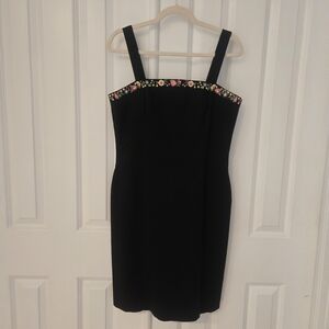 Chic Black Midi Dress with Floral Trim